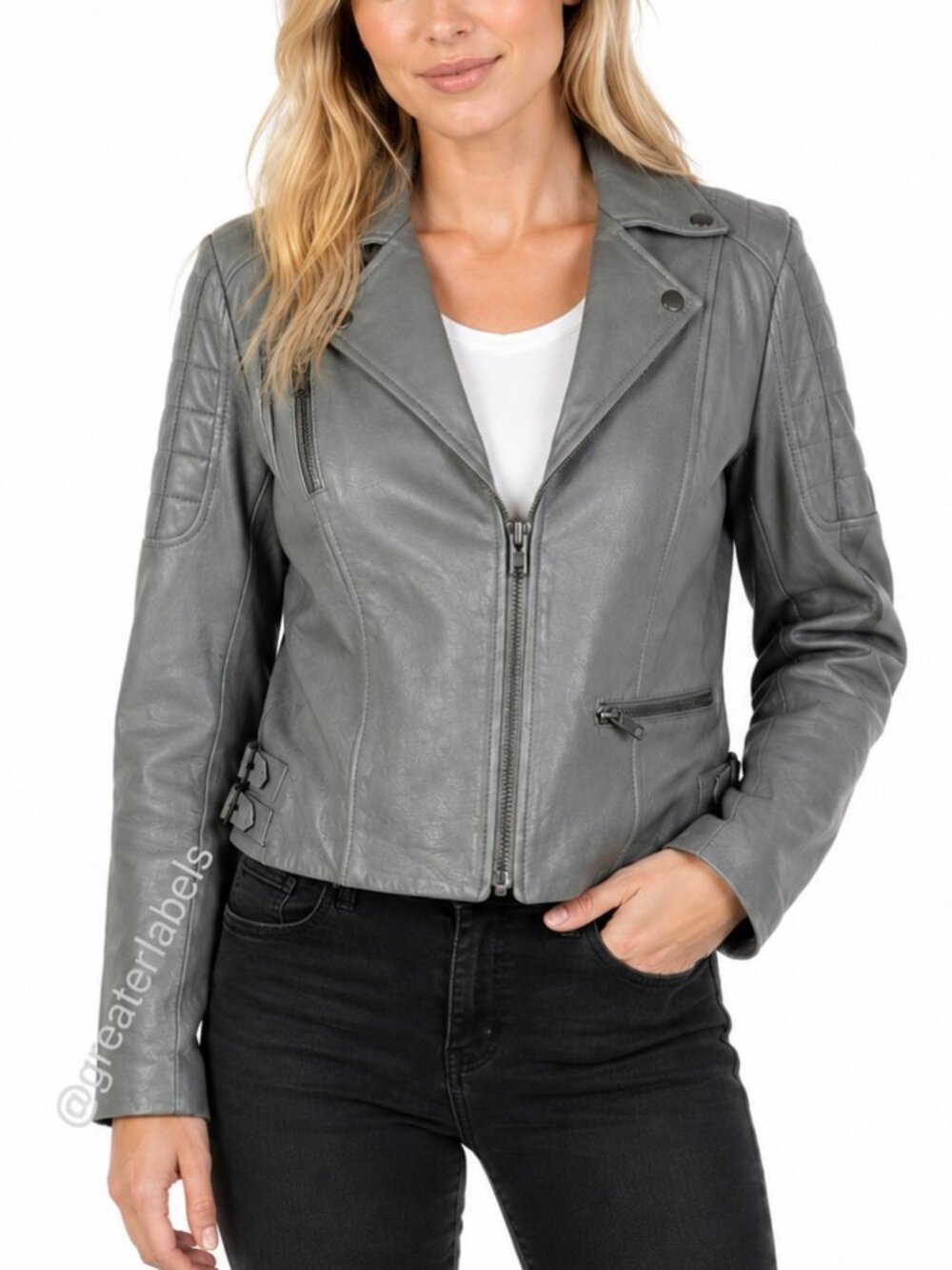 Muubaa Rengo Gray Leather Biker Jacket Buckle Detail Size 6